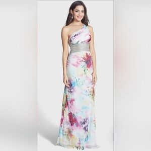 Betsy & Adam Embellished Floral Print One-Shoulder Gown